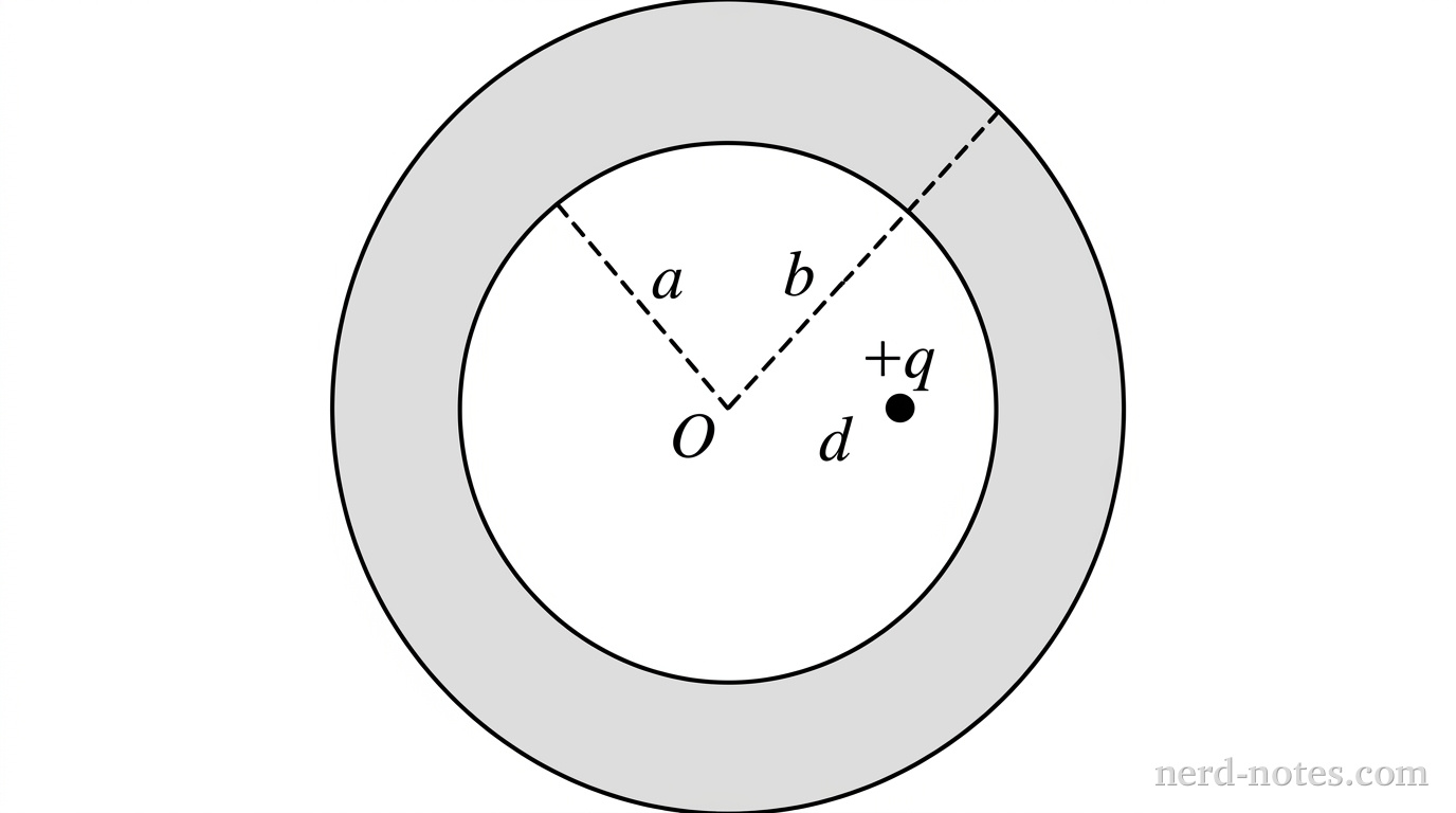 Cross section of a thick conducting shell containing an off-center point charge \(+q\).
