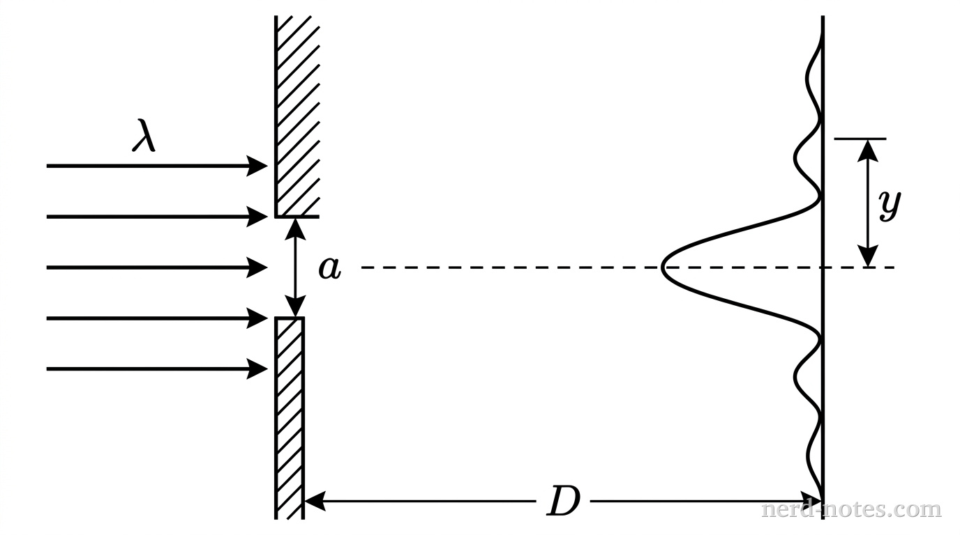 Schematic diagram of a single-slit diffraction setup. Parallel light rays of wavelength \(\lambda\) enter from the left toward a slit of width \(a\). To the right, at a distance \(D\), a vertical screen displays an intensity pattern with a wide central maximum and smaller secondary maxima. A dashed central axis connects the slit to the center of the pattern, and a vertical dimension arrow marks the distance \(y\) from the axis to the second dark minimum above the center. No other labels or lines appear.
