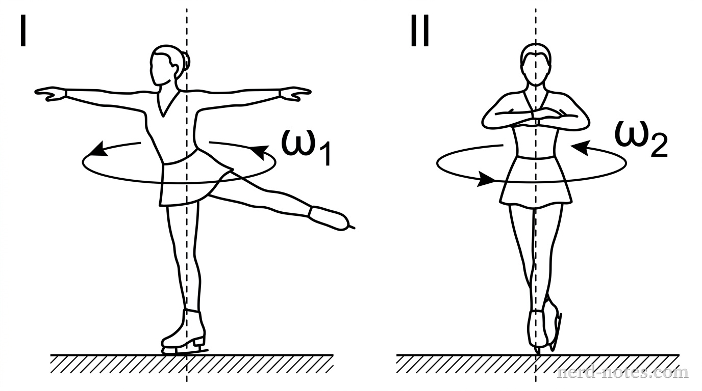 Two panels showing a figure skater. In the first panel, the skater has arms and one leg extended outward from their body while spinning on one skate. In the second panel, the skater has pulled their arms and leg tightly against their body while continuing to spin on the same skate. A vertical dashed line represents the axis of rotation passing through the center of the skater's body in both panels.