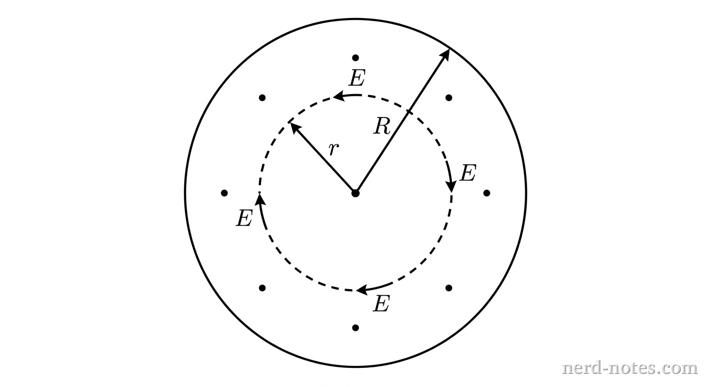 A cross-sectional view of a long cylindrical solenoid. A large solid circle represents the outer boundary of radius R, centered at a central point. A straight solid arrow extends from the central point to the outer circle boundary, labeled R. Concentric within the outer circle is a smaller dashed circle representing a path of radius r. A straight solid arrow extends from the central point to the dashed circle, labeled r. Four small curved arrows lie along the dashed circle, pointing in the counterclockwise direction, labeled E. Four small dots distributed evenly inside the outer circle represent a magnetic field directed out of the page. No other lines, labels, text, or visual elements are present.