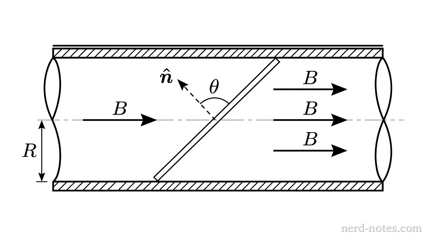 A schematic side view of a horizontal cylindrical solenoid. A central longitudinal line represents the solenoid axis, along which horizontal arrows represent the uniform magnetic field vector B pointing to the right. An inclined planar sheet inside the solenoid spans the inner diameter 2R. A dashed vector labeled n-hat points normal to the sheet, making an angle theta with the magnetic field vector B. The solenoid radius R is indicated vertically. No other labels, lines, text, or axes appear.