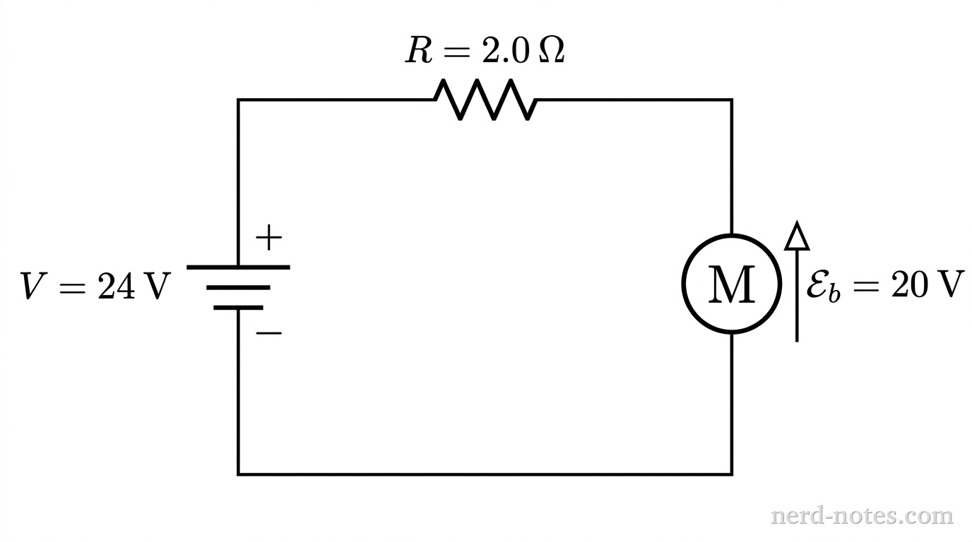 A single-loop circuit schematic. On the left vertical wire is a DC voltage source labeled V = 24 V with its long positive terminal on top. On the top horizontal wire is a resistor representing internal armature resistance labeled R = 2.0 \Omega. On the right vertical wire is a circle containing the capital letter M representing the motor, with an opposing voltage symbol labeled \mathcal{E}_b = 20 V pointing opposite the source voltage. Smooth conducting wires complete the rectangular loop. No other labels, lines, text, or axes appear.