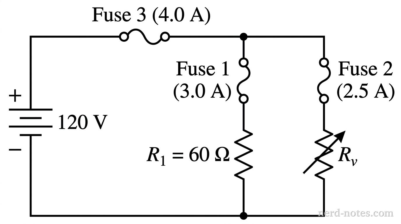 A schematic diagram of a DC circuit. On the left, a DC power supply labeled 120 V is connected in series with Fuse 3 (labeled 4.0 A) on the top main wire. The wire splits into two parallel vertical branches. The left branch contains Fuse 1 (labeled 3.0 A) in series with a resistor R1 = 60 ohms. The right branch contains Fuse 2 (labeled 2.5 A) in series with a variable resistor Rv. The circuit closes at the bottom wire back to the negative terminal of the power supply. No other labels, lines, text, or components appear.