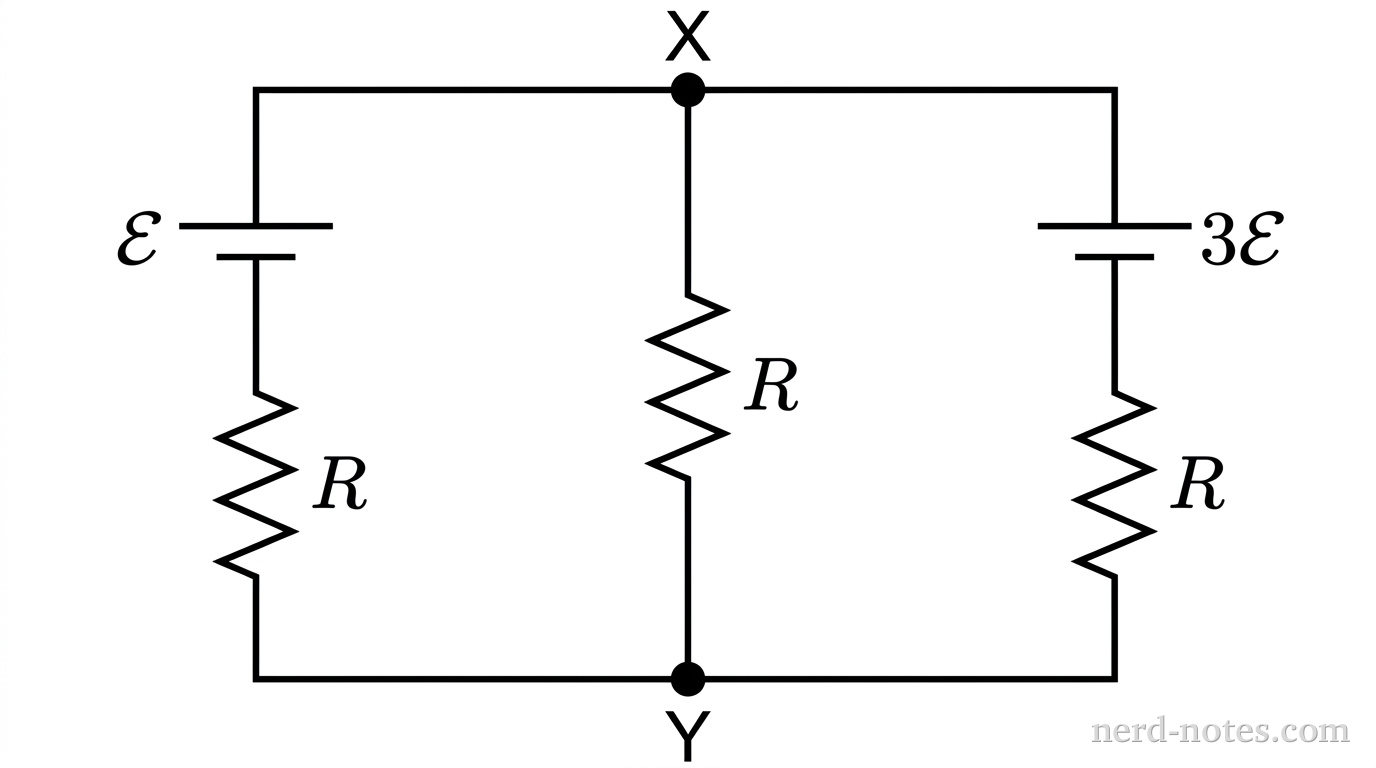 A schematic diagram of a circuit with three vertical branches connected in parallel by a top horizontal wire and a bottom horizontal wire. A filled black circle labeled X is located at the center of the top horizontal wire where the middle branch connects. A filled black circle labeled Y is located at the center of the bottom horizontal wire where the middle branch connects. The left vertical branch consists of a resistor labeled \(R\) below a long-and-short parallel line battery symbol labeled \(\mathcal{E}\), with the longer line at the top. The middle vertical branch consists of a single resistor labeled \(R\). The right vertical branch consists of a resistor labeled \(R\) below a long-and-short parallel line battery symbol labeled \(3\mathcal{E}\), with the longer line at the top. No other components, labels, or decorative lines appear.