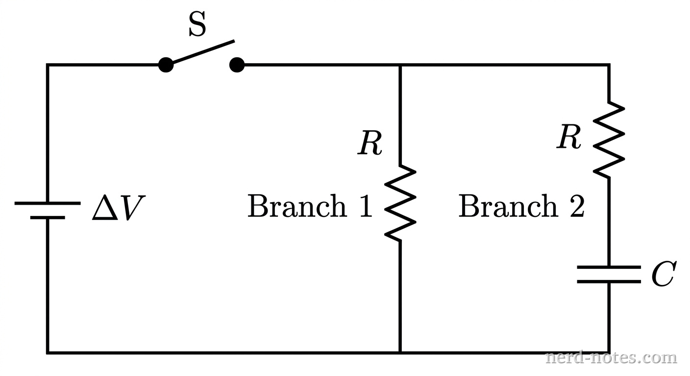 A schematic diagram showing a DC circuit. On the left side, a vertical battery labeled Delta V with a switch S in series on the top wire. The wire splits into two parallel vertical branches to the right. The middle branch labeled Branch 1 contains a single resistor R. The rightmost branch labeled Branch 2 contains a resistor R in series with a parallel-plate capacitor C. No other components, labels, or annotations appear.