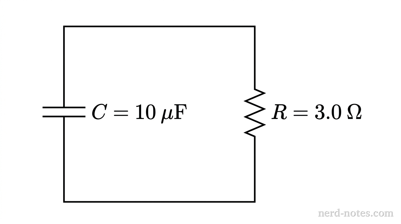 A simple single-loop circuit schematic consisting of two parallel vertical branches connected at the top and bottom by horizontal wires. The left branch contains a capacitor labeled C = 10 microfarads. The right branch contains a resistor labeled R = 3.0 ohms. No battery or external voltage source is present in the loop. No directional arrows or other labels appear.