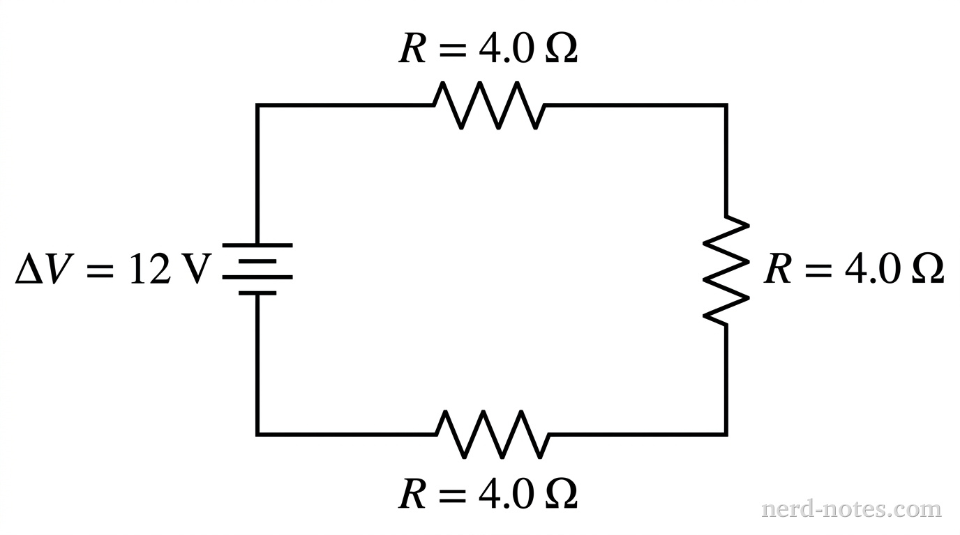 A single-loop rectangular circuit diagram. On the left vertical branch, an ideal DC battery is oriented vertically with its positive terminal on top, labeled \(\Delta V = 12 \text{ V}\). The top horizontal branch contains one resistor labeled \(R = 4.0 \text{ }\Omega\). The right vertical branch contains a second resistor labeled \(R = 4.0 \text{ }\Omega\). The bottom horizontal branch contains a third resistor labeled \(R = 4.0 \text{ }\Omega\). Plain wire connects all components into a closed rectangular loop. No other labels, lines, text, or components appear.