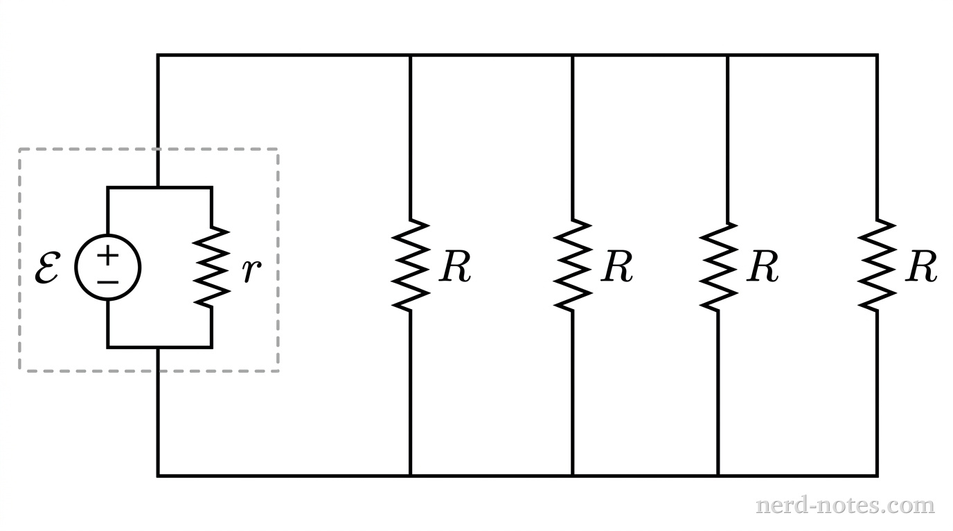 Circuit schematic with internal resistance r and n parallel resistors.