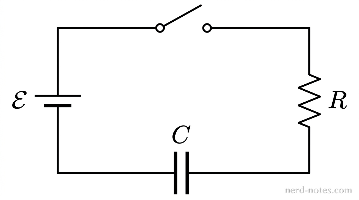A single-loop series circuit schematic containing an ideal battery labeled \(\mathcal{E}\) on the left vertical branch, an open switch on the top horizontal branch, a resistor labeled \(R\) on the right vertical branch, and an uncharged parallel-plate capacitor labeled \(C\) on the bottom horizontal branch. Simple rectangular loop formed by conducting wires. No other labels, lines, text, or axes appear.