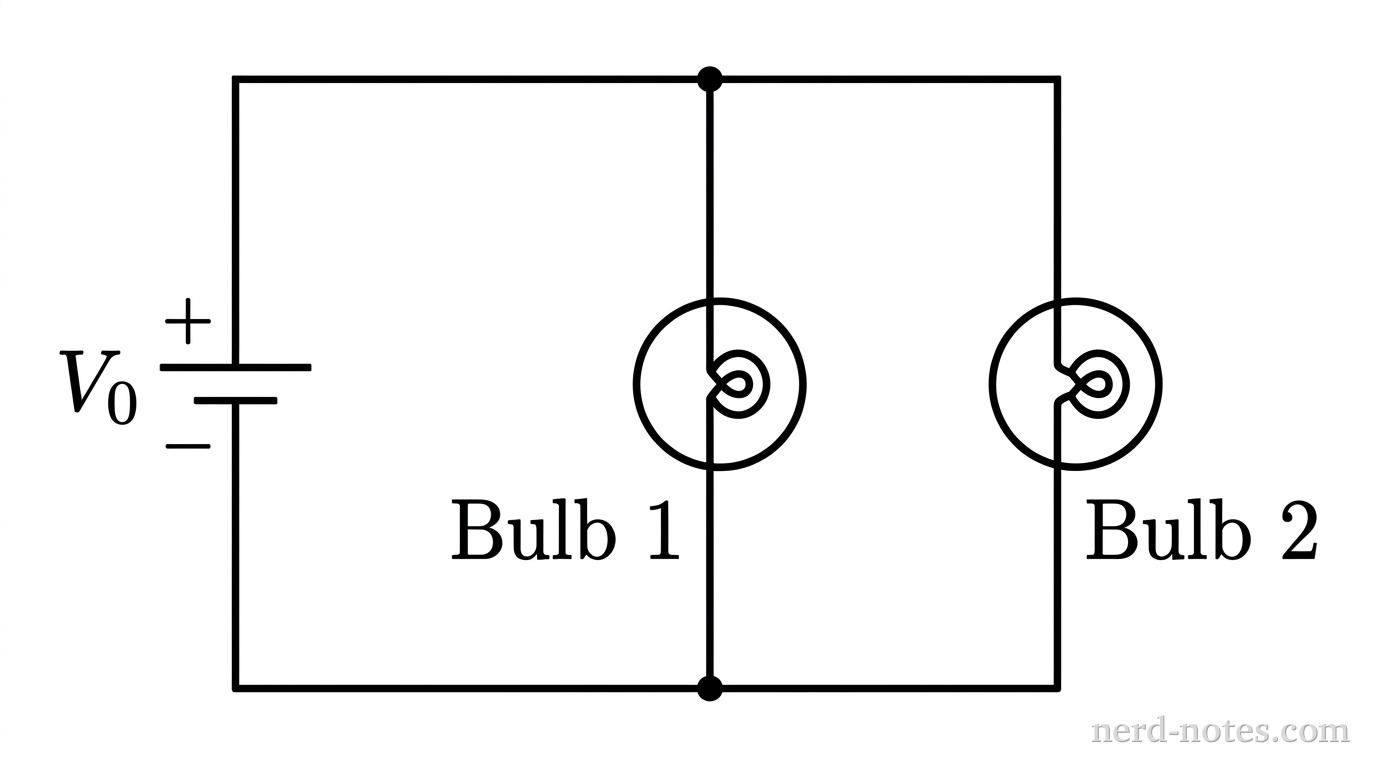 A clear schematic diagram of an electric circuit. A DC voltage source labeled V_0 is located on the left vertical wire, with its positive terminal at the top. From the top of the source, a horizontal wire runs to the right and splits at a junction into two parallel vertical branches. The left branch contains a circle with an internal looped filament, representing a lightbulb, labeled Bulb 1. The right branch contains an identical lightbulb symbol, labeled Bulb 2. The two branches rejoin at a bottom junction, which connects via a horizontal wire back to the negative terminal at the bottom of the DC source. No other labels, lines, text, or axes appear.