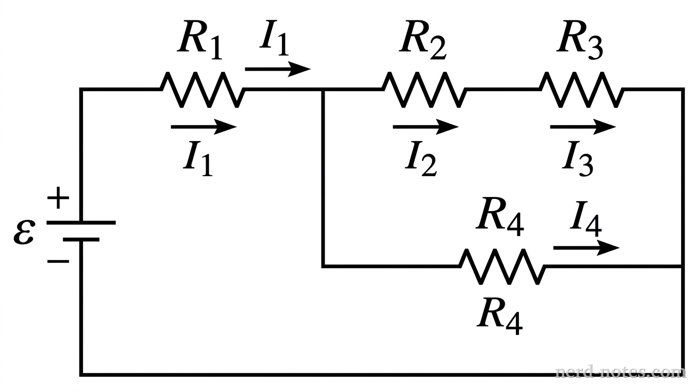 A DC circuit with four resistors connected to an ideal battery.