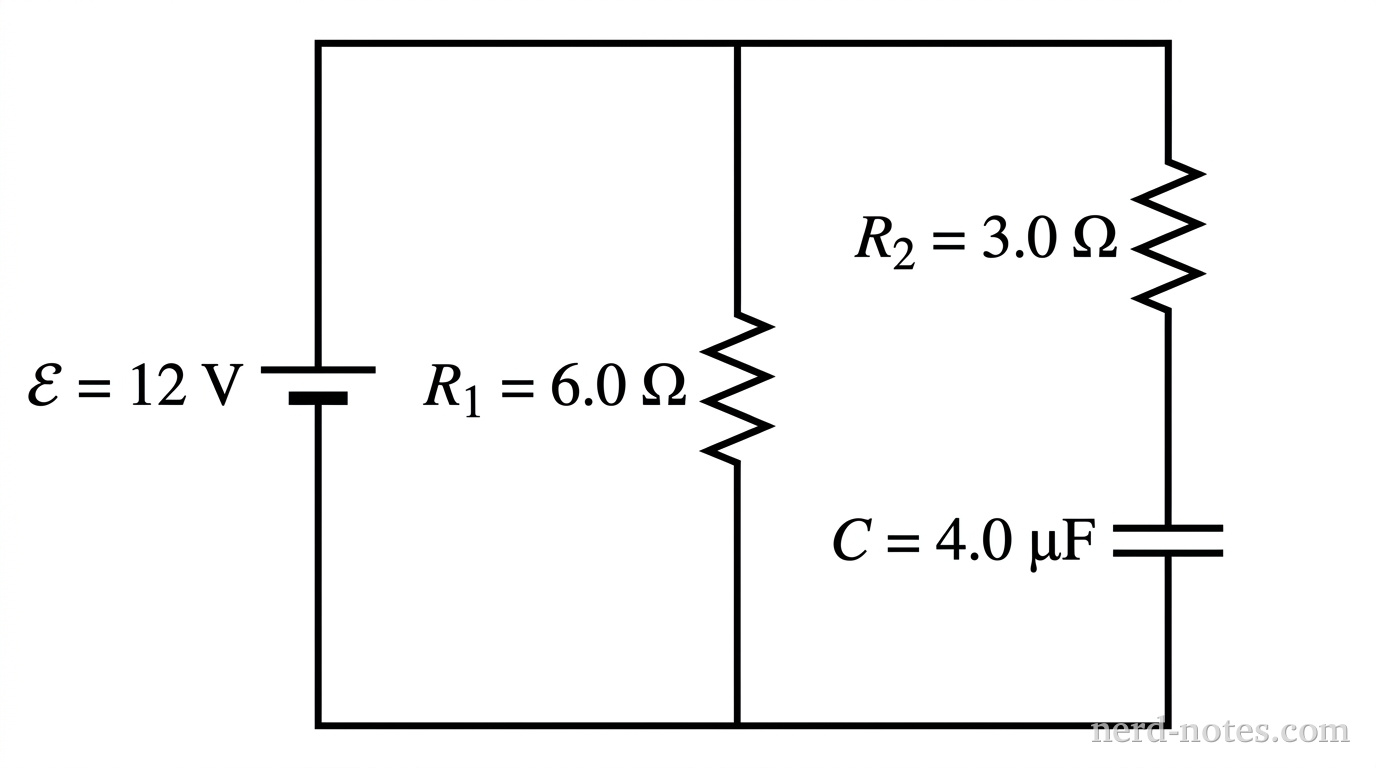 A schematic diagram showing an ideal DC voltage source labeled \(\mathcal{E} = 12\text{ V}\) on the left vertical branch. Connected in parallel to the right are two vertical branches. The middle branch contains a single resistor labeled \(R_1 = 6.0\text{ }\Omega\). The rightmost branch contains a resistor labeled \(R_2 = 3.0\text{ }\Omega\) in series with a capacitor labeled \(C = 4.0\text{ }\mu\text{F}\). Standard schematic symbols are used for the battery, resistors, and capacitor, with clean rectangular connecting wires forming two parallel loops. No other labels, text, or components appear.