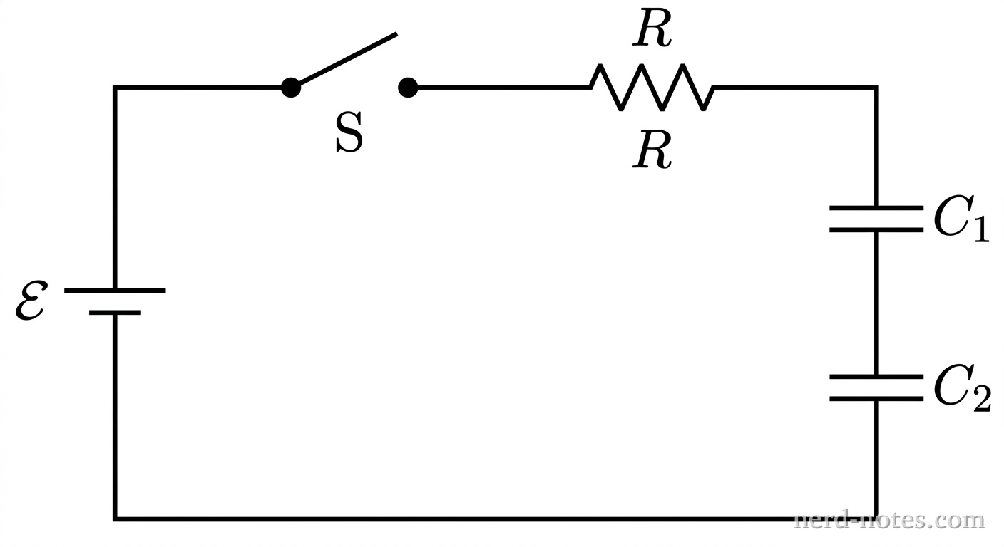 A single closed rectangular circuit loop. On the left vertical branch is an ideal DC battery labeled \mathcal{E} with its long positive terminal line on top. On the top horizontal branch is an open switch labeled S and a resistor labeled R. On the right vertical branch are two capacitors connected in series, the upper one labeled C_1 and the lower one labeled C_2. Straight wires connect all components into a single series loop. No other labels, text, or components appear.