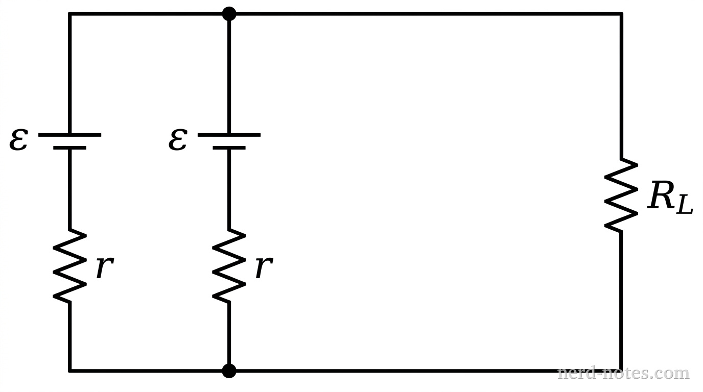 Two identical non-ideal batteries connected in parallel across a load resistor.