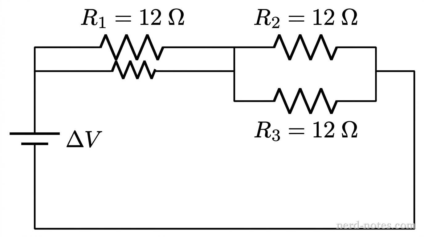 A schematic diagram of a DC circuit in a rectangular loop. On the left vertical segment is an ideal DC voltage source with long and short parallel lines, labeled \(\Delta V\). A wire extends from the top of the source to the right, passing through a zigzag resistor labeled \(R_1 = 12\text{ }\Omega\). The wire then splits at a junction into two parallel horizontal branches: the top branch contains a zigzag resistor labeled \(R_2 = 12\text{ }\Omega\), and the bottom branch contains a zigzag resistor labeled \(R_3 = 12\text{ }\Omega\). The two branches rejoin at a right-hand junction. The wire continues downward and returns along the bottom horizontal segment to the bottom terminal of the voltage source. No other labels, lines, text, or axes appear.