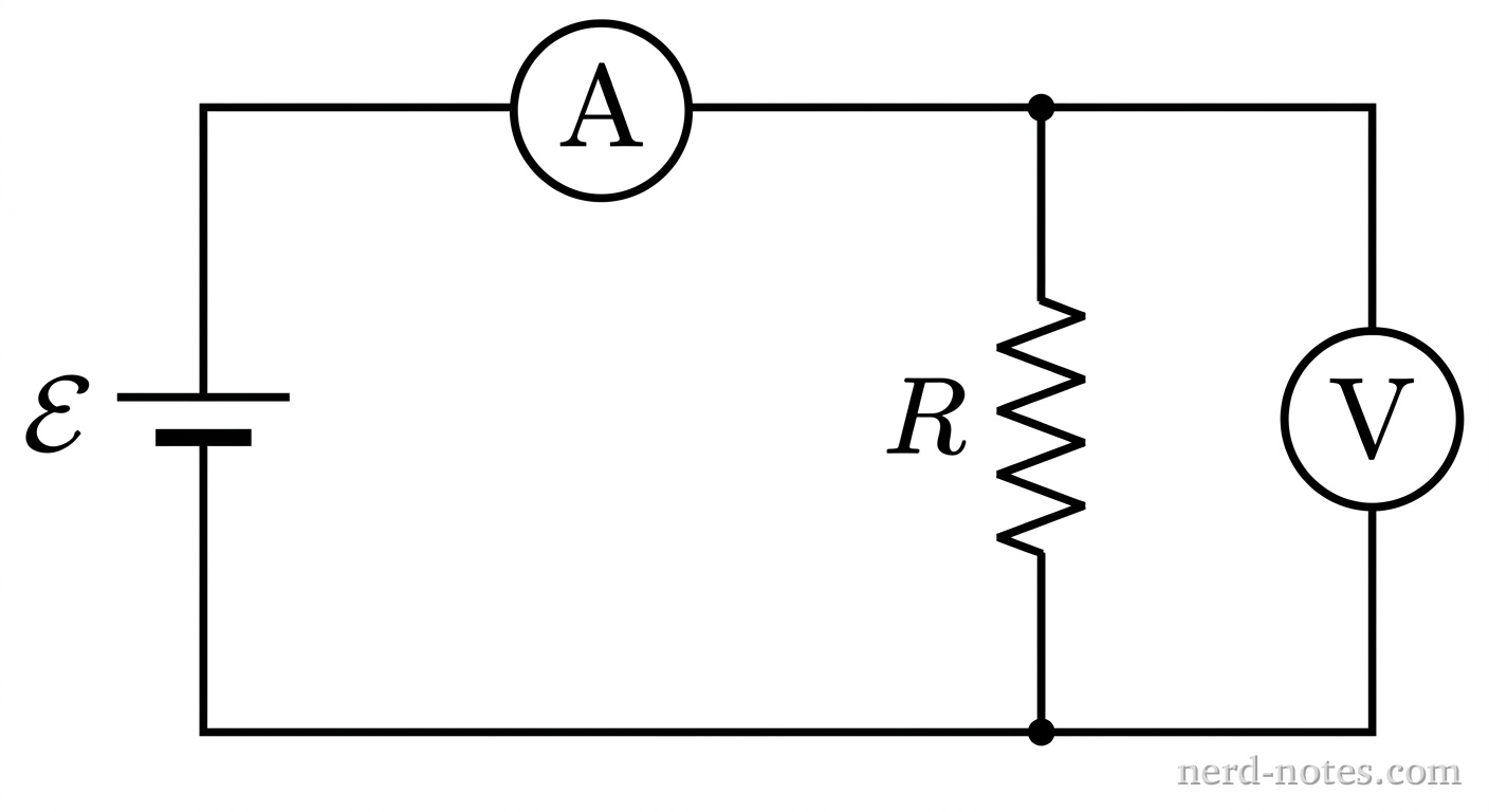 Circuit schematic with a non-ideal ammeter and voltmeter connected to measure resistor \(R\).
