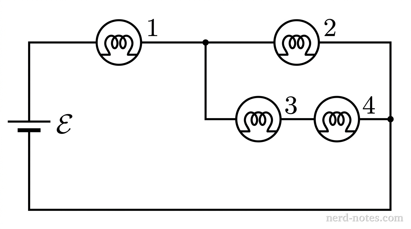Circuit schematic of four identical bulbs connected to an ideal battery.