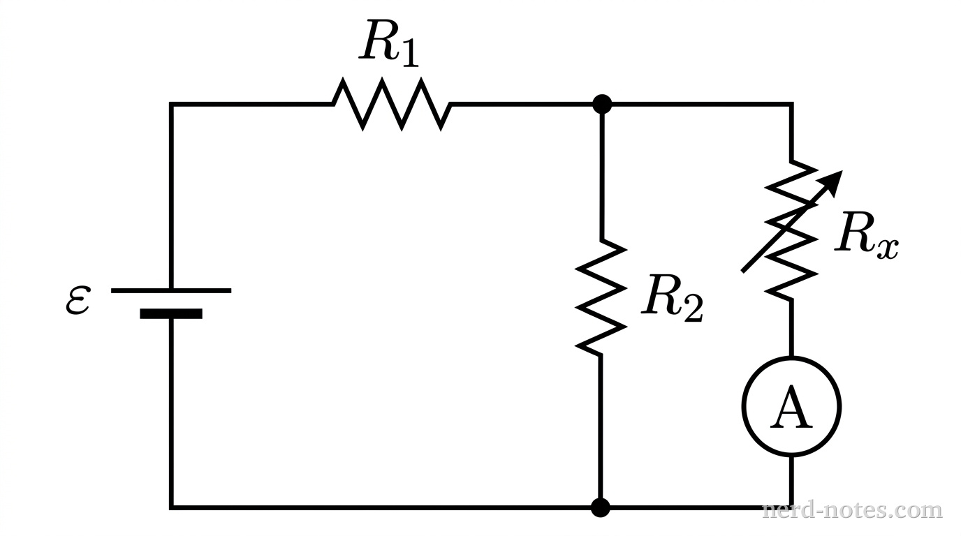 Circuit schematic with battery, fixed resistors, variable resistor, and ammeter.