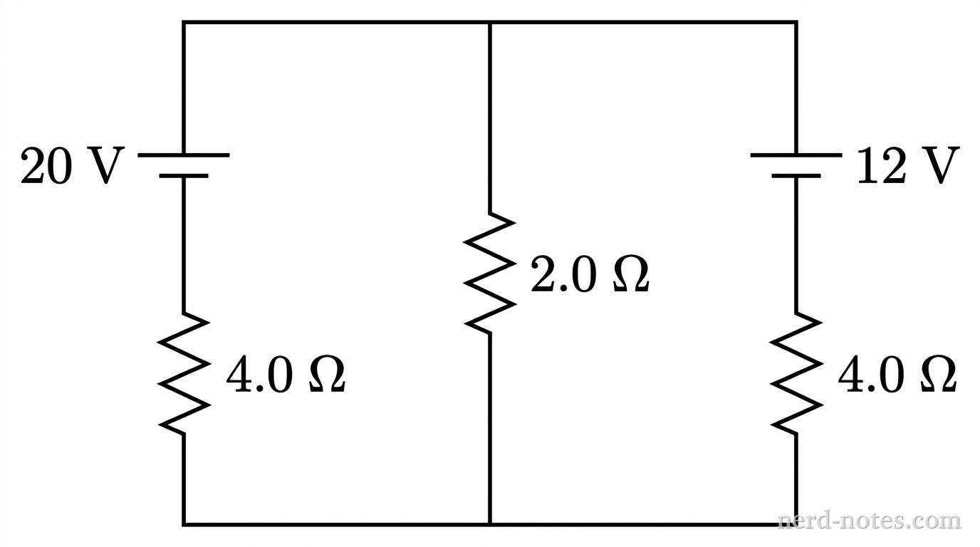 A two-loop direct-current circuit with two batteries and three resistors.