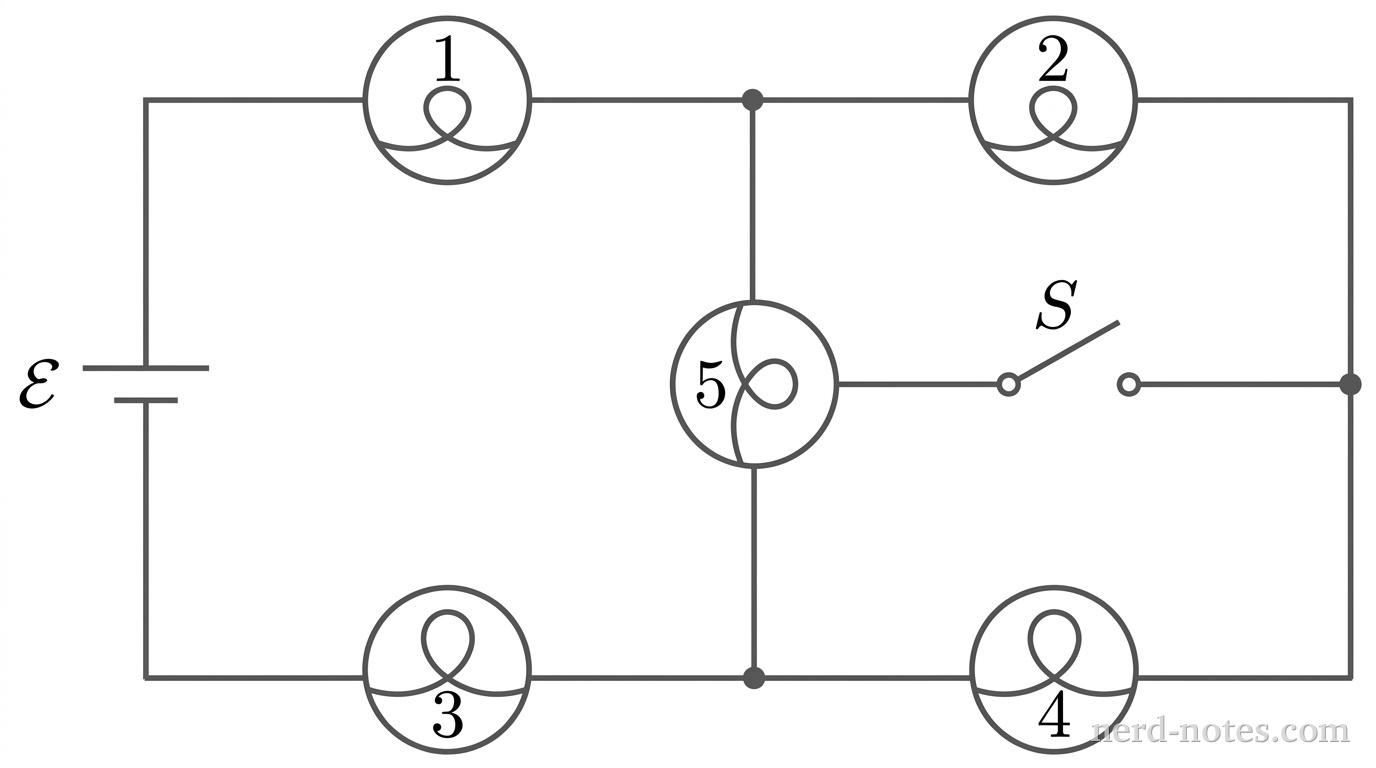 A schematic diagram of a DC circuit drawn in grayscale. On the far left, an ideal battery is oriented vertically, with its longer positive plate on top and shorter negative plate on bottom, labeled \(\mathcal{E}\). Conducting wires extend from the top and bottom of the battery to the right, entering a bridge network. The upper path contains lightbulb 1 on the left and lightbulb 2 on the right, meeting at a central top node. The lower path contains lightbulb 3 on the left and lightbulb 4 on the right, meeting at a central bottom node. Each lightbulb is drawn as a circle enclosing a filament loop, labeled with numbers 1, 2, 3, and 4 respectively. A vertical cross-wire connects the central top node to the central bottom node. This cross-wire contains lightbulb 5, labeled 5, connected in series with an open knife switch labeled S. The right ends of the upper and lower paths join at a common return wire leading back to the bottom plate of the battery. No other labels, lines, text, or components appear.
