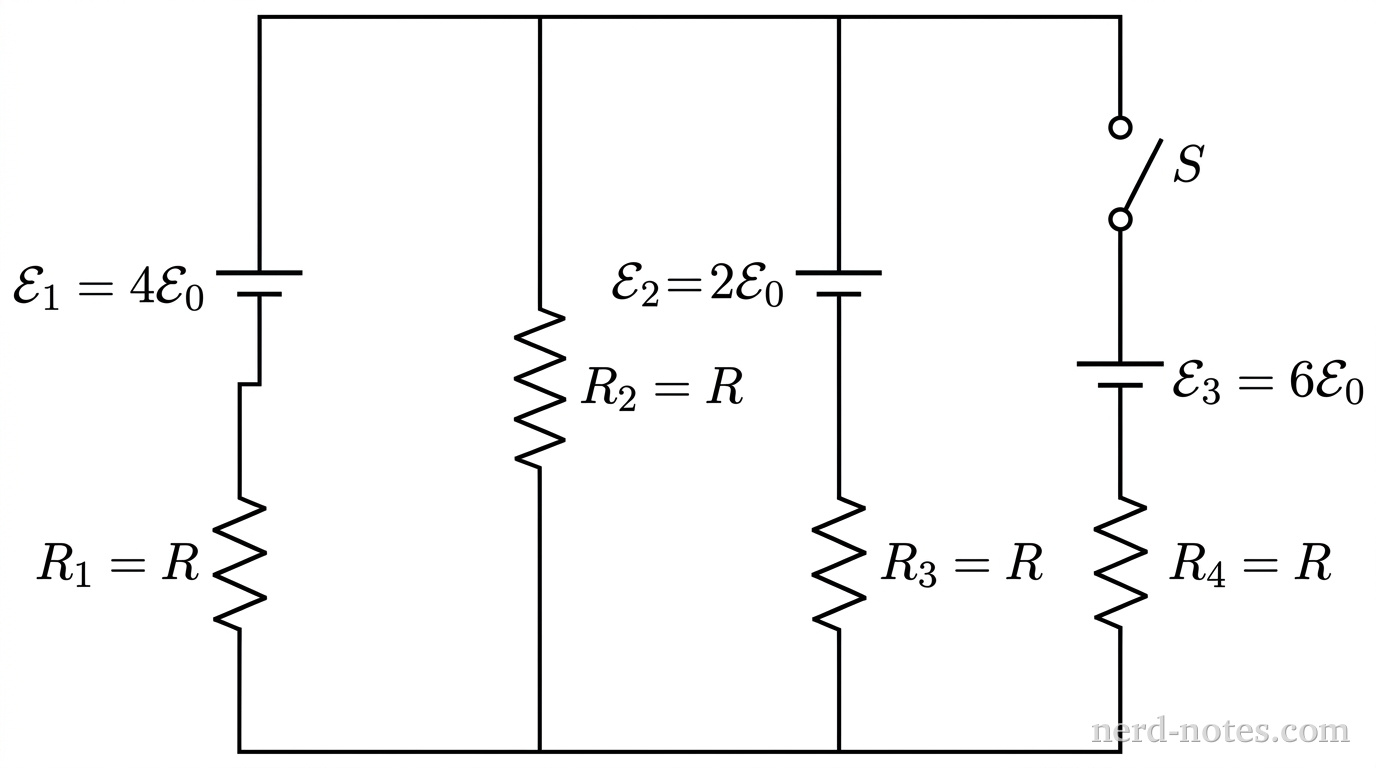 A circuit schematic with four parallel vertical branches connected between a continuous top horizontal rail and a continuous bottom horizontal rail. From left to right: Branch 1 contains a DC voltage source labeled \(\mathcal{E}_1 = 4\mathcal{E}_0\) with the longer positive plate on top, in series with a zigzag resistor symbol labeled \(R_1 = R\). Branch 2 contains a single zigzag resistor symbol labeled \(R_2 = R\). Branch 3 contains a DC voltage source labeled \(\mathcal{E}_2 = 2\mathcal{E}_0\) with the longer positive plate on top, in series with a zigzag resistor symbol labeled \(R_3 = R\). Branch 4 contains an open single-pole single-throw switch labeled \(S\), in series with a DC voltage source labeled \(\mathcal{E}_3 = 6\mathcal{E}_0\) with the longer positive plate on top, and a zigzag resistor symbol labeled \(R_4 = R\). Solid black lines represent ideal connecting wires. No other labels, meters, or components appear.