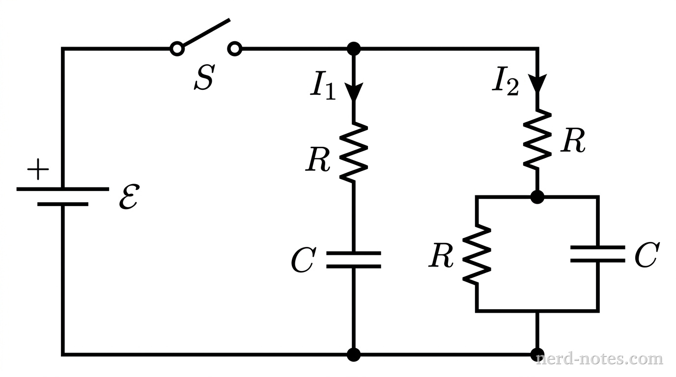 A rectangular circuit schematic in grayscale. On the left vertical branch is an ideal battery represented by two parallel horizontal plates, the longer upper plate labeled with a plus sign, labeled \(\mathcal{E}\). Above the battery on the top horizontal wire is an open single-pole switch labeled \(S\). The top wire extends rightward to a junction node. From this node, two parallel branches run downward to a bottom junction node that connects back to the negative terminal of the battery. The first branch, labeled with an arrow pointing downward labeled \(I_1\), contains a resistor labeled \(R\) in series with a capacitor of two equal-length parallel horizontal plates labeled \(C\). The second branch, labeled with a downward arrow labeled \(I_2\), contains an upper resistor labeled \(R\) connected in series with a parallel sub-loop; the left path of this sub-loop contains a resistor labeled \(R\) and the right path contains a capacitor labeled \(C\). No other labels, lines, text, or axes appear.