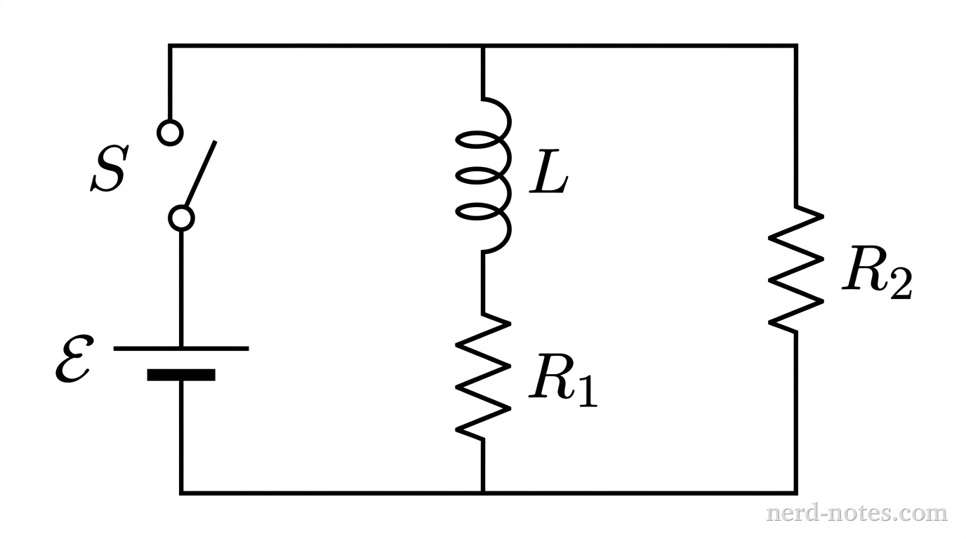 A rectangular circuit schematic composed of three vertical parallel branches connected by horizontal top and bottom wires. The leftmost vertical branch contains an open-circle switch labeled S near the top and a DC voltage source labeled \mathcal{E} below it, with the longer horizontal plate on top. The middle vertical branch contains an ideal inductor symbol with four consecutive rounded loops labeled L at the top, in series with a zig-zag resistor symbol labeled R_1 below it. The rightmost vertical branch contains a zig-zag resistor symbol labeled R_2. Solid horizontal line segments connect the top ends of all three branches together, and solid horizontal line segments connect the bottom ends of all three branches together. All circuit wiring is represented by thin solid lines. No other labels, lines, text, or axes appear.