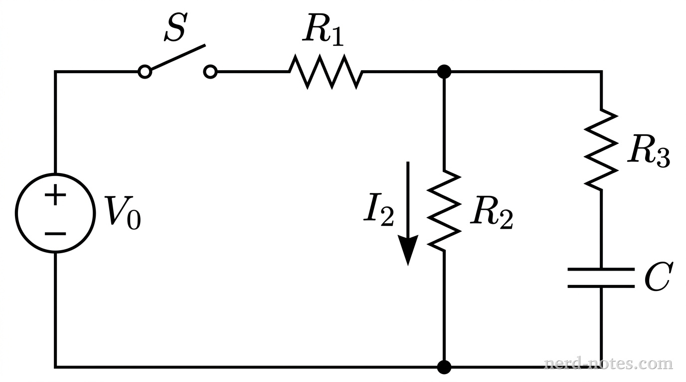 Circuit with three identical resistors and a capacitor.