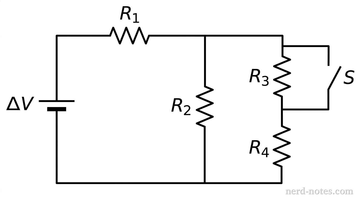 Circuit diagram with battery, four identical resistors, and switch S.