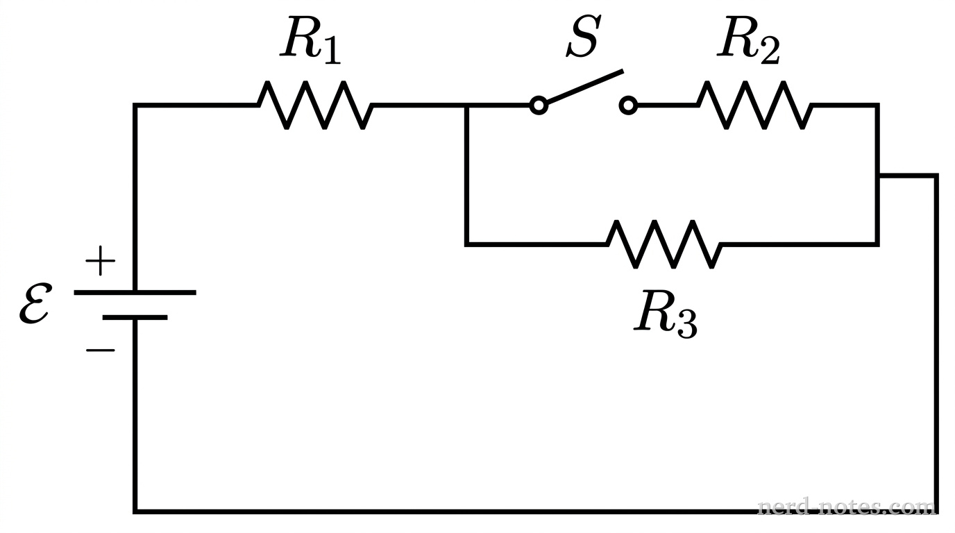 Circuit diagram with battery, resistors, and switch.