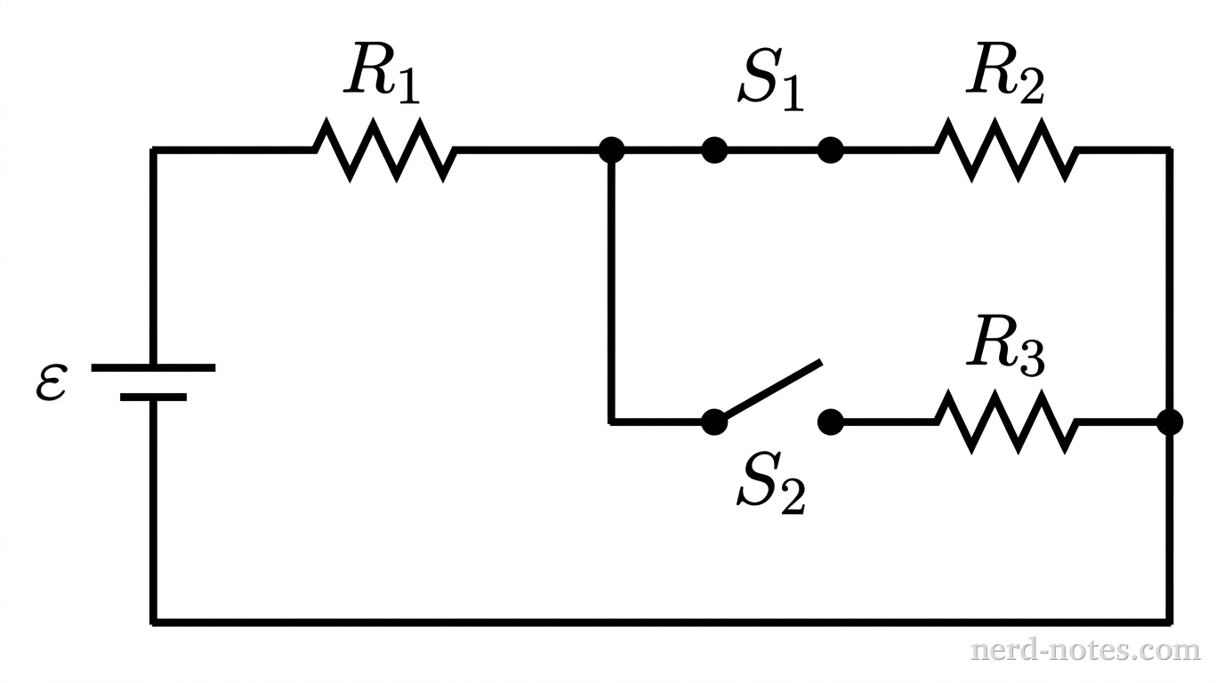 Circuit with an ideal battery, three identical resistors, and two switches.