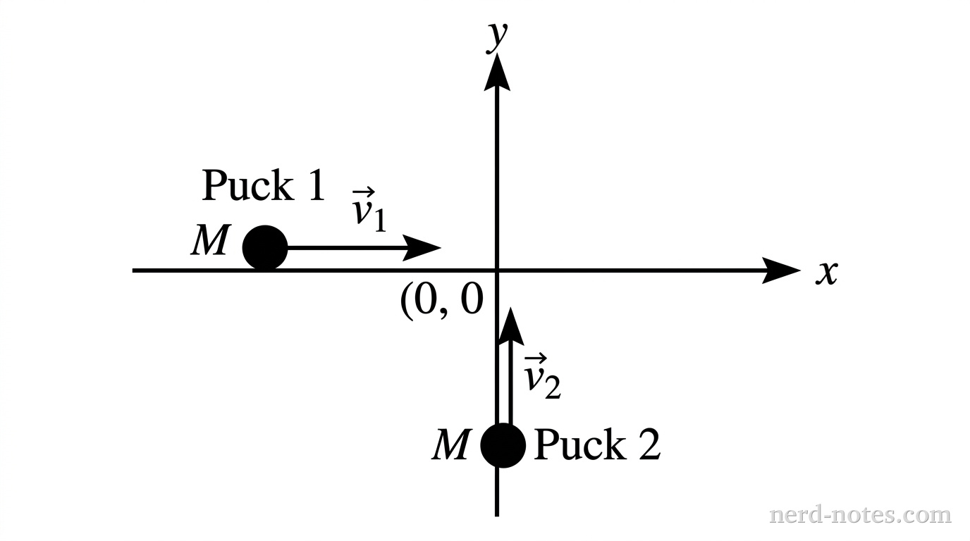 Top-down view of a horizontal surface. Puck 1 of mass M is moving to the right along the x-axis with a velocity vector labeled v1. Puck 2 of mass M is moving upward along the y-axis with a velocity vector labeled v2. The pucks are shown shortly before colliding at the origin. A set of x and y axes is provided for reference.