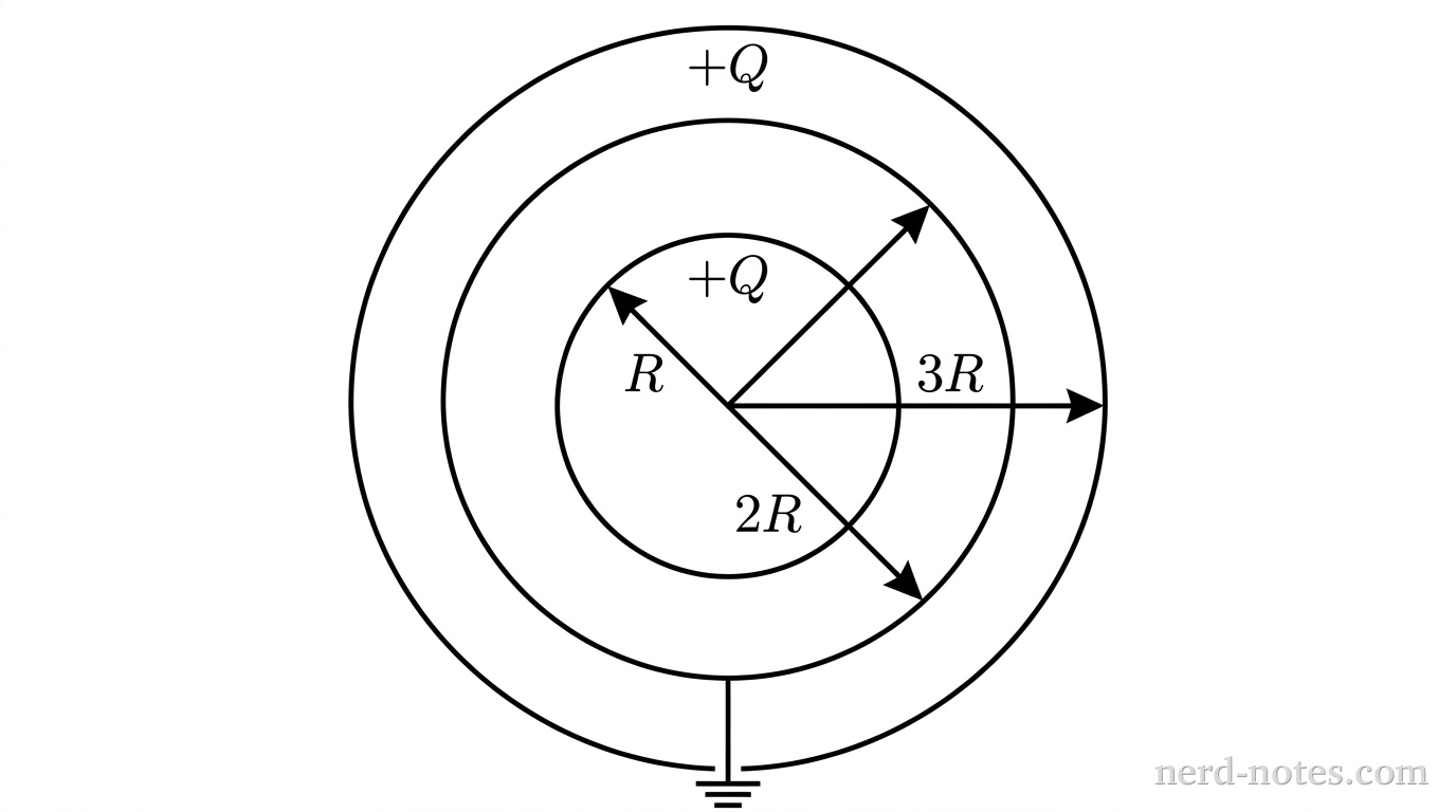 Cross-sectional view of three concentric circles centered at a single central point. The innermost circle has radius R, shown with a thin solid black outline and labeled +Q near its top edge. A straight arrow points from the center to this inner circle at a 135-degree angle, labeled R. The second concentric circle has radius 2R, drawn with a thin solid black outline; a straight arrow points from the center to its edge at a 45-degree angle, labeled 2R. From the bottom of this second circle, a thin line extends downward through a small gap in the outer circle and terminates at a standard horizontal three-line ground symbol. The outermost circle has radius 3R, drawn with a thin solid black outline and labeled +Q near its top edge; a straight arrow points from the center to its edge horizontally to the right, labeled 3R. No other labels, lines, text, or axes appear.