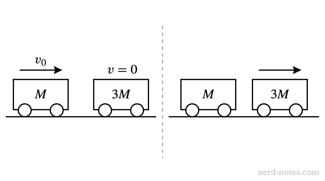 A cart of mass M approaching a stationary cart of mass 3M.