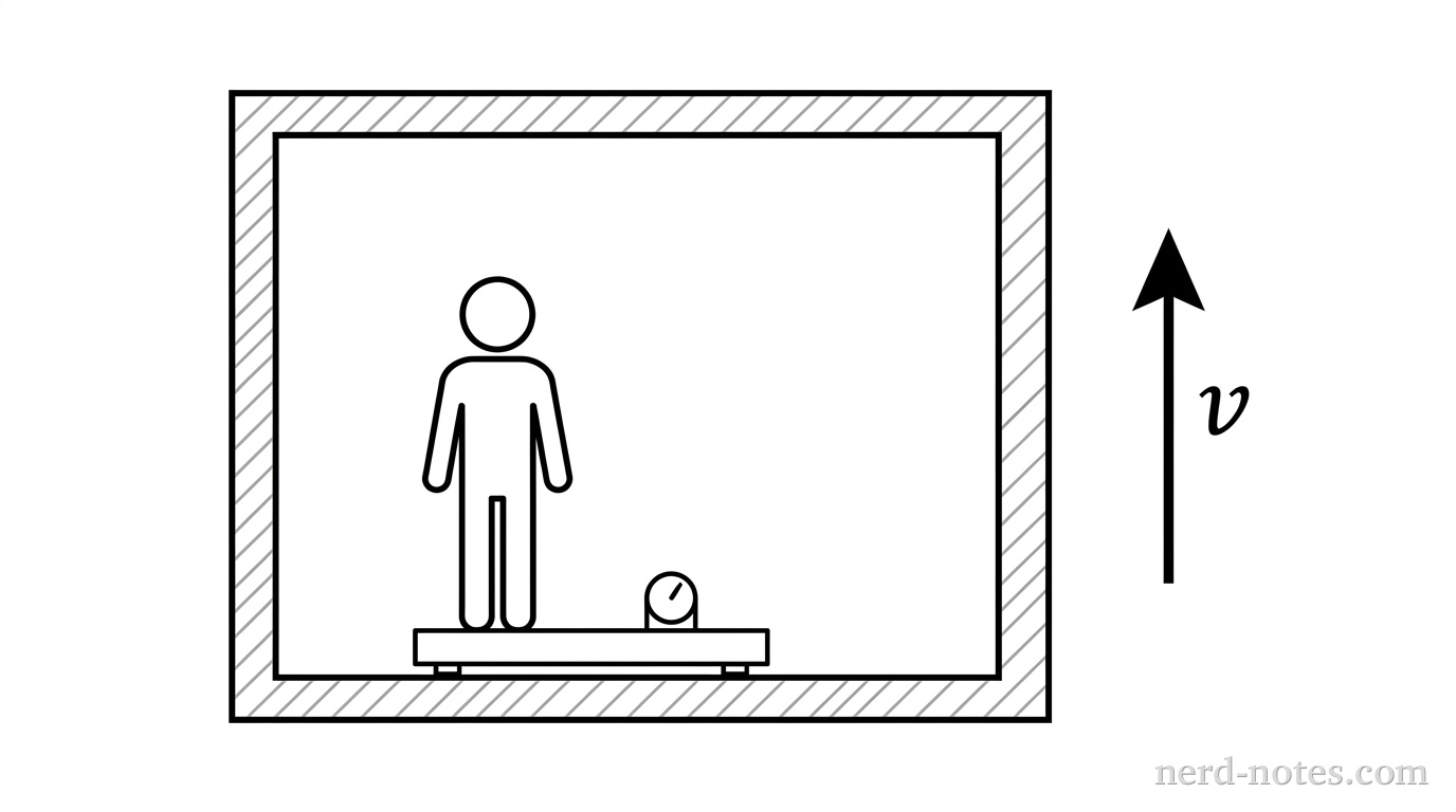 A student on a scale in an elevator moving upward.
