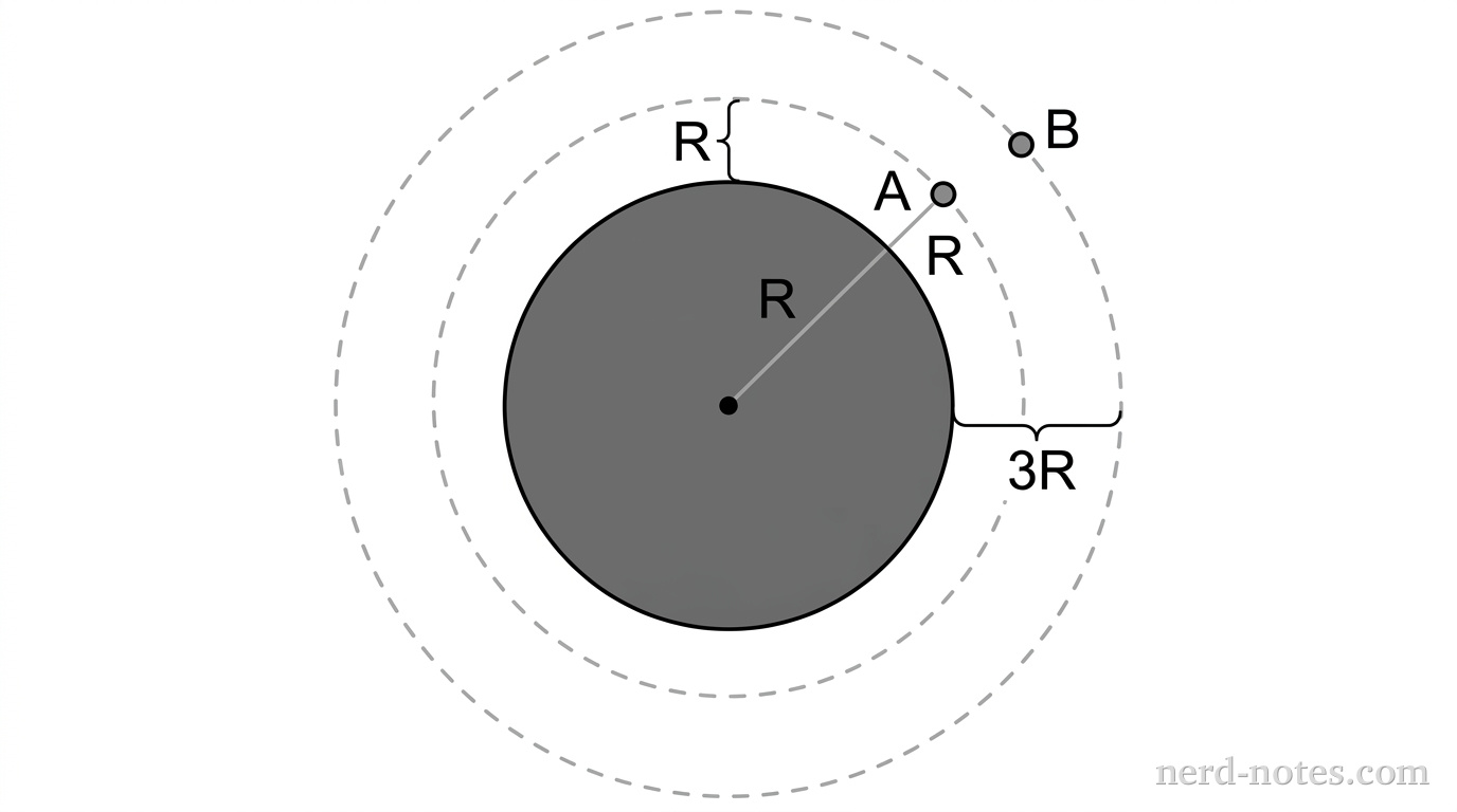 A cross-section of a planet of radius R. Two dashed circular orbital paths are shown around the planet. Satellite A is on the inner dashed circle; a bracket labels the distance from the planet's surface to this path as R. Satellite B is on the outer dashed circle; a bracket labels the distance from the planet's surface to this path as 3R. The center of the planet is marked with a dot.