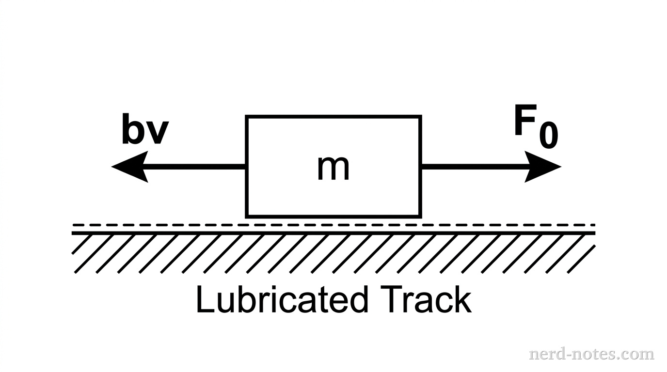 A block of mass m on a horizontal surface. A vector arrow labeled F_0 points to the right. A vector arrow labeled bv points to the left. The surface is labeled as a lubricated track.