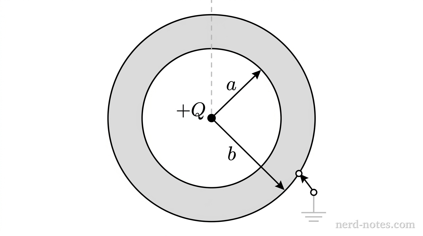 Cross section of the conducting shell with central charge and ground connection.