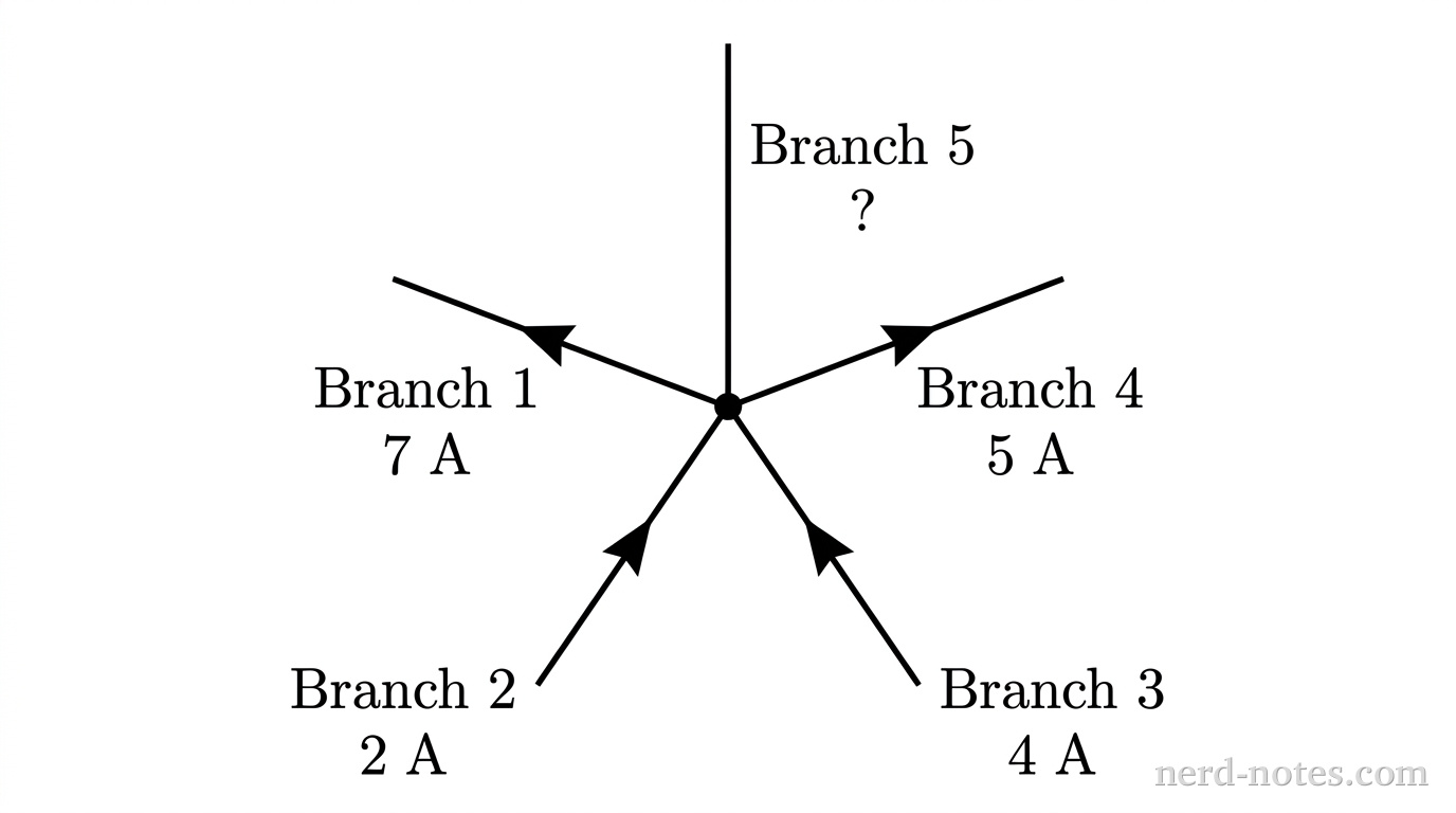 A circular central node with five straight line segments radiating outward at equal angles of approximately 72 degrees. The top-left segment is labeled Branch 1 with a solid arrow pointing inward toward the central node and text reading 7 A. The bottom-left segment is labeled Branch 2 with a solid arrow pointing outward away from the central node and text reading 2 A. The bottom-right segment is labeled Branch 3 with a solid arrow pointing inward toward the central node and text reading 4 A. The top-right segment is labeled Branch 4 with a solid arrow pointing outward away from the central node and text reading 5 A. The uppermost vertical segment is labeled Branch 5 with a question mark symbol and no arrow. No other labels, lines, text, or axes appear.