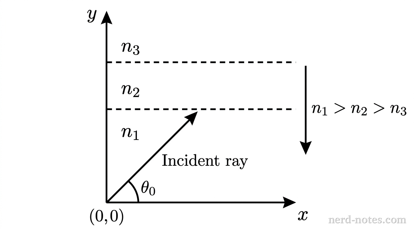 A Cartesian coordinate system with a horizontal x-axis and a vertical y-axis meeting at an origin labeled (0,0). Three horizontal dashed lines span across the first quadrant at equally spaced vertical intervals. Above the top dashed line is the label n_3, between the top and middle dashed lines is n_2, and between the middle and bottom dashed lines is n_1. A vertical downward-pointing arrow to the right is labeled n_1 > n_2 > n_3. A single solid straight arrow originates at (0,0) and points upward into the first quadrant at a 45-degree angle to the horizontal axis, labeled Incident ray. An angle arc at the origin between the positive x-axis and this arrow is labeled \theta_0. No other labels, lines, text, or axes appear.