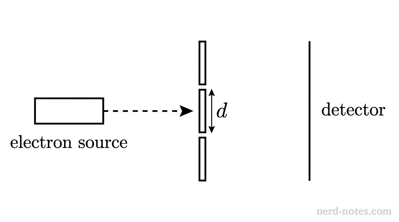 A schematic diagram showing an electron source on the left emitting toward the right. In the center is a vertical barrier with two narrow slits separated by a distance d. To the right of the barrier is a vertical detector screen. A single dashed horizontal arrow indicates the path of an electron from the source toward the barrier. No other labels, lines, text, or axes appear.