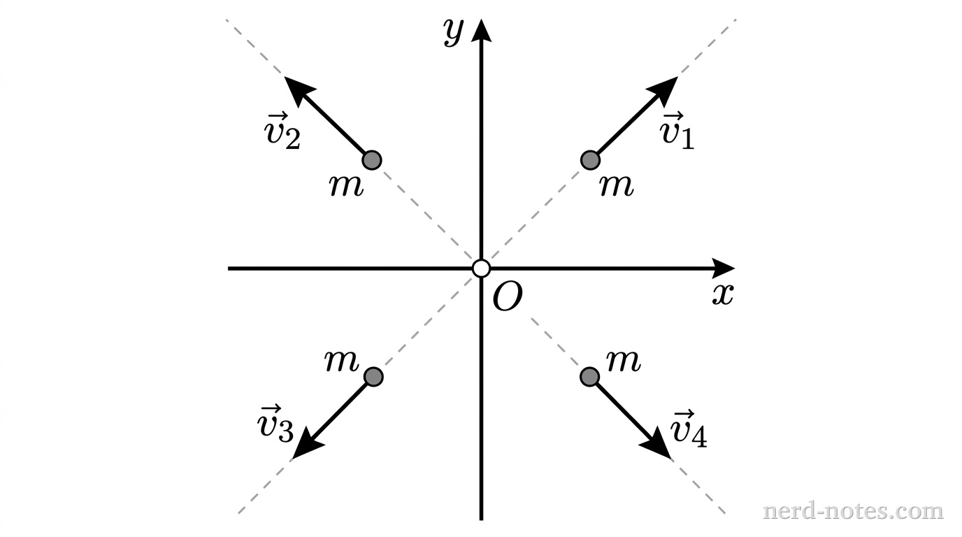 A Cartesian coordinate plane with horizontal x-axis and vertical y-axis intersecting at an origin labeled O. At the origin, a small open circle marks the initial location. Four identical small solid gray circular dots representing fragments are positioned symmetrically at equal distances from the origin in each quadrant. From each dot, a solid black arrow points outward away from the origin along a line making a 45-degree angle with the axes. The arrow in the first quadrant is labeled \(\vec{v}_1\), the arrow in the second quadrant is labeled \(\vec{v}_2\), the arrow in the third quadrant is labeled \(\vec{v}_3\), and the arrow in the fourth quadrant is labeled \(\vec{v}_4\). Each of the four dots is labeled with mass m. Thin dashed reference lines extend from the origin through each dot along the 45-degree diagonals. No other labels, lines, text, or axes appear.