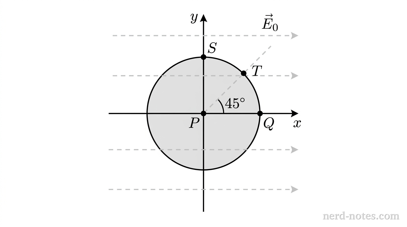 A circle of radius \(R\) with a light gray solid fill is centered at the origin of a two-dimensional Cartesian plane with a horizontal axis labeled \(x\) and a vertical axis labeled \(y\). Three horizontal dashed arrows of equal length point toward the right, evenly spaced vertically above, through, and below the circle, with the topmost arrow labeled \(\vec{E}_0\). Four distinct points are marked with small solid black dots: point \(P\) at the origin \((0,0)\), point \(Q\) on the positive \(x\)-axis immediately outside the circle at \((R,0)\), point \(S\) on the positive \(y\)-axis immediately outside the circle at \((0,R)\), and point \(T\) immediately outside the circle in the first quadrant along a line making a \(45^\circ\) angle with the positive \(x\)-axis. A dashed radial line extends from the origin through point \(T\), with an arc between the positive \(x\)-axis and the dashed line labeled \(45^\circ\). No other labels, lines, text, or axes appear.