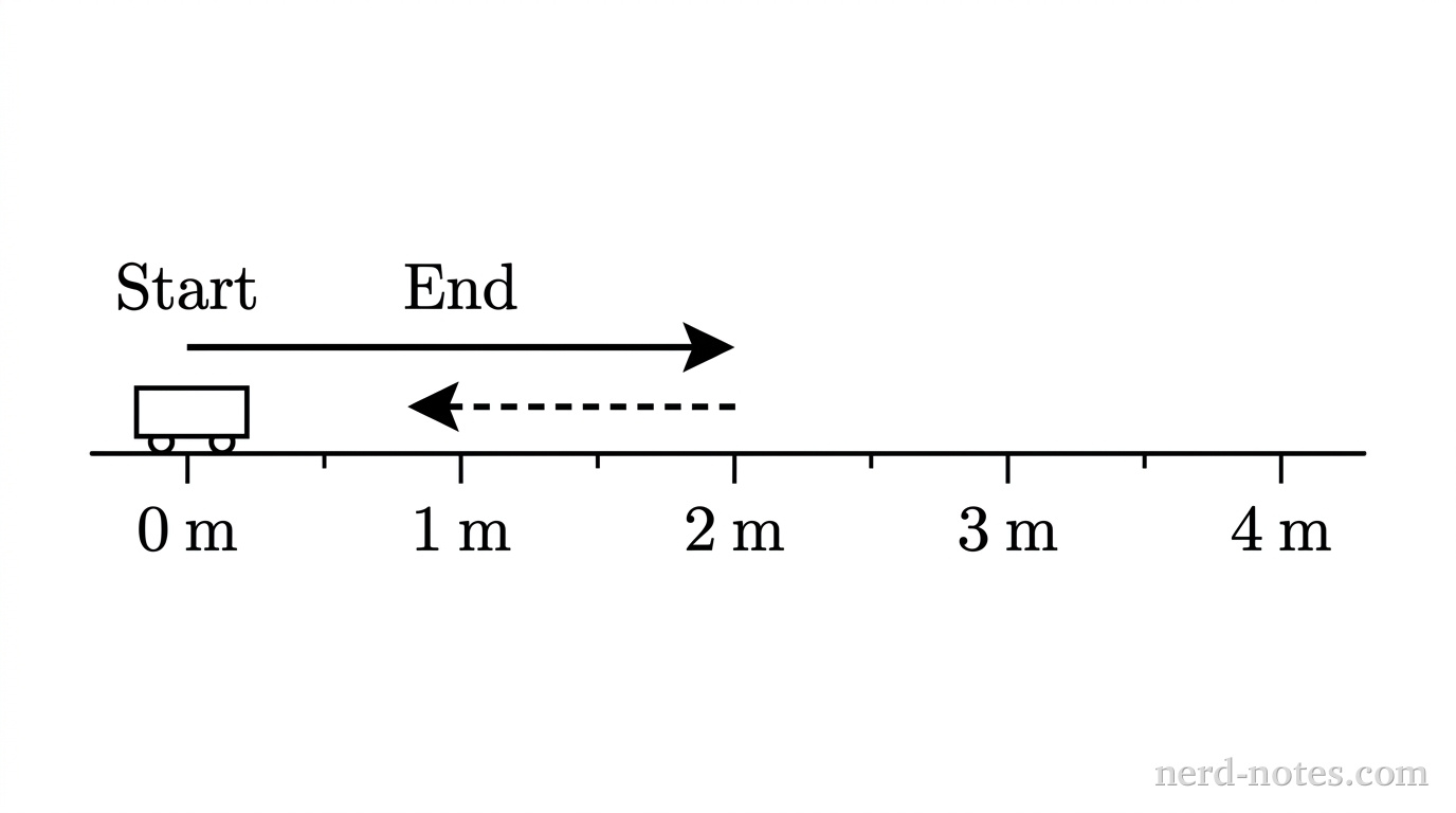A horizontal line represents a track with position markings. A small rectangular cart is shown. A solid arrow above the track starts at 0 m and points to the right, ending at the 2 m mark. A second, dashed arrow starts at the 2 m mark and points back to the left, ending at the 1 m mark. The initial position is labeled Start at 0 m and the final position is labeled End at 1 m.