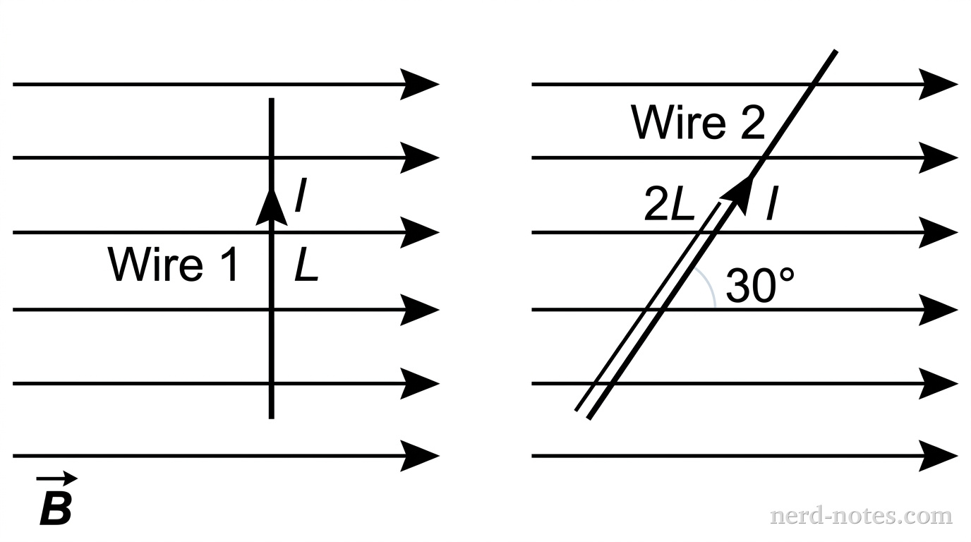 Two setups showing wires in a uniform magnetic field. Parallel horizontal arrows pointing right represent a uniform magnetic field labeled \vec{B}. Wire 1 is vertical and perpendicular to the field lines, labeled with length L and current arrow I. Wire 2 is a straight segment tilted at a 30-degree angle relative to the horizontal field lines, labeled with length 2L and current arrow I. No other labels, lines, text, or axes appear.