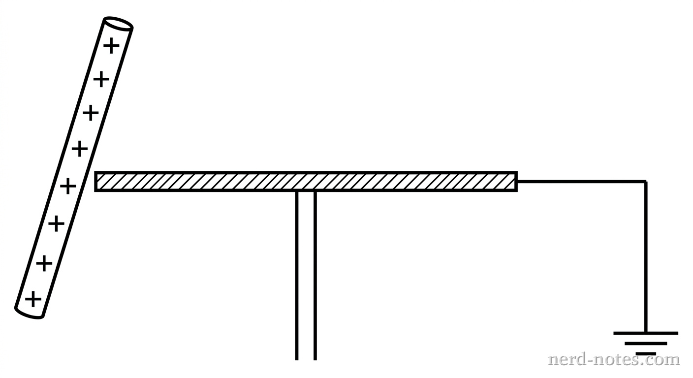 Experimental setup showing the metal plate, nearby positively charged rod, and ground wire.