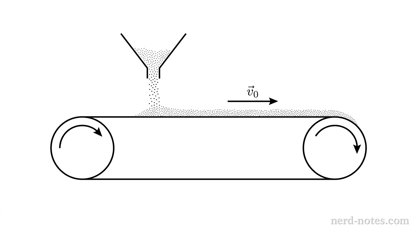 A horizontal conveyor belt supported by two circular rollers moves to the right at constant velocity vector v_0. Above the left portion of the belt, a funnel-shaped hopper releases a stream of sand falling vertically downward onto the top surface of the belt. A small layer of sand rests on the belt, moving to the right at velocity vector v_0. No other labels, lines, text, or axes appear.