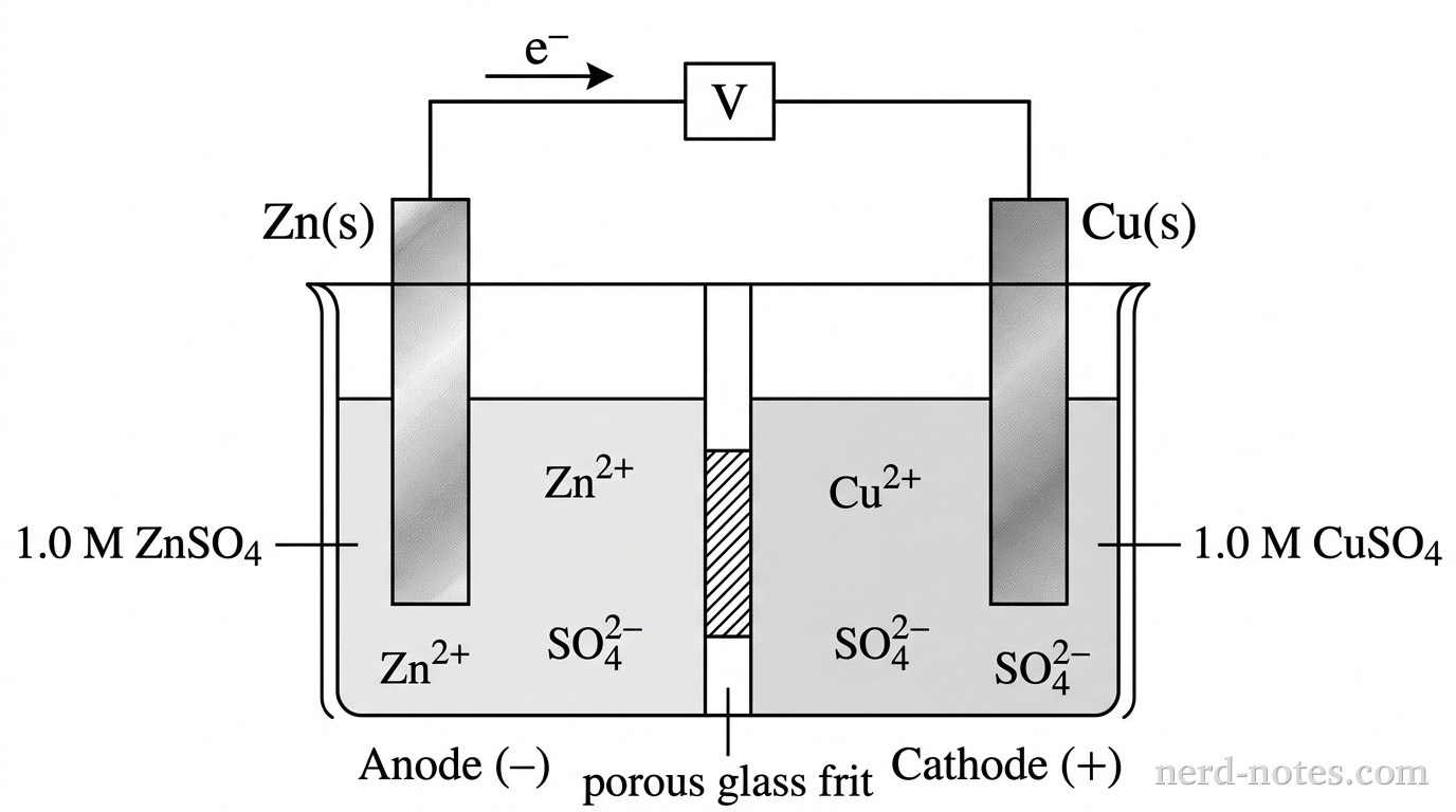A schematic diagram of a galvanic cell consisting of two glass beakers separated by a vertical wall containing a porous glass frit in the center. The left beaker contains a zinc strip labeled Zn(s) immersed in a 1.0 M ZnSO4 solution containing Zn2+ and SO42- ions. The right beaker contains a copper strip labeled Cu(s) immersed in a 1.0 M CuSO4 solution containing Cu2+ and SO42- ions. A metallic wire connects the top of the Zn(s) electrode to the top of the Cu(s) electrode through a voltmeter labeled V. An arrow above the wire points from left to right, indicating the direction of electron flow from the Zn(s) electrode to the Cu(s) electrode. The Zn(s) electrode is labeled Anode (-), and the Cu(s) electrode is labeled Cathode (+). No other text, labels, or annotations appear.