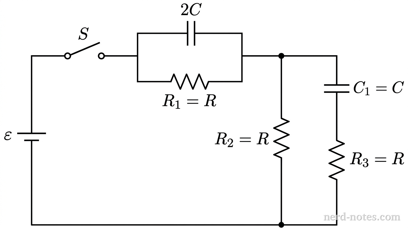 Circuit schematic containing an ideal battery, a switch, three resistors, and two capacitors.
