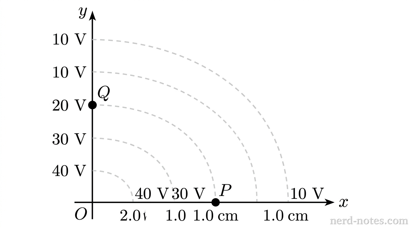 A two-dimensional Cartesian coordinate frame showing the first quadrant with a horizontal axis labeled x and a vertical axis labeled y meeting at an origin labeled O. Four nested quarter-elliptical dashed curves extend from the positive y-axis to the positive x-axis. Along the horizontal axis, the four dashed curves intersect perpendicularly with uniform spacing of 1.0\text{ cm} and are labeled 40\text{ V}, 30\text{ V}, 20\text{ V}, and 10\text{ V} from left to right. A solid dot on the horizontal axis at the 20\text{ V} curve is labeled P. Along the vertical axis, the four dashed curves intersect perpendicularly with uniform spacing of 2.0\text{ cm} and are labeled 40\text{ V}, 30\text{ V}, 20\text{ V}, and 10\text{ V} from bottom to top. A solid dot on the vertical axis at the 20\text{ V} curve is labeled Q. No other labels, lines, text, or axes appear.